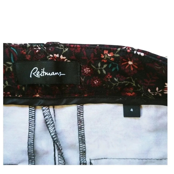 Reitmans Floral Straight Leg Trousers Black Burgundy Stretch 4 - Picture 7 of 8